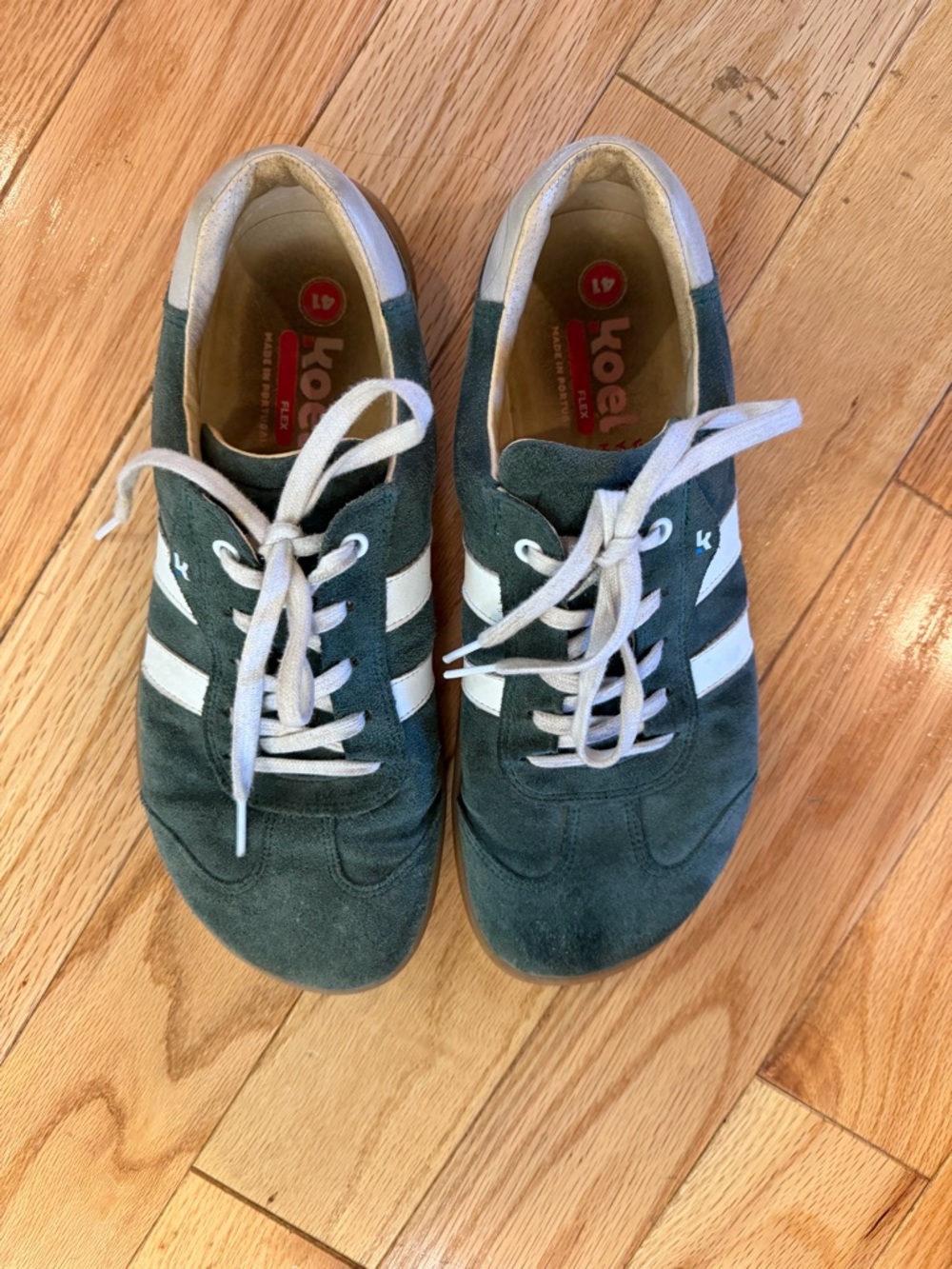 Green Suede Low-Top Sneakers with White Stripes